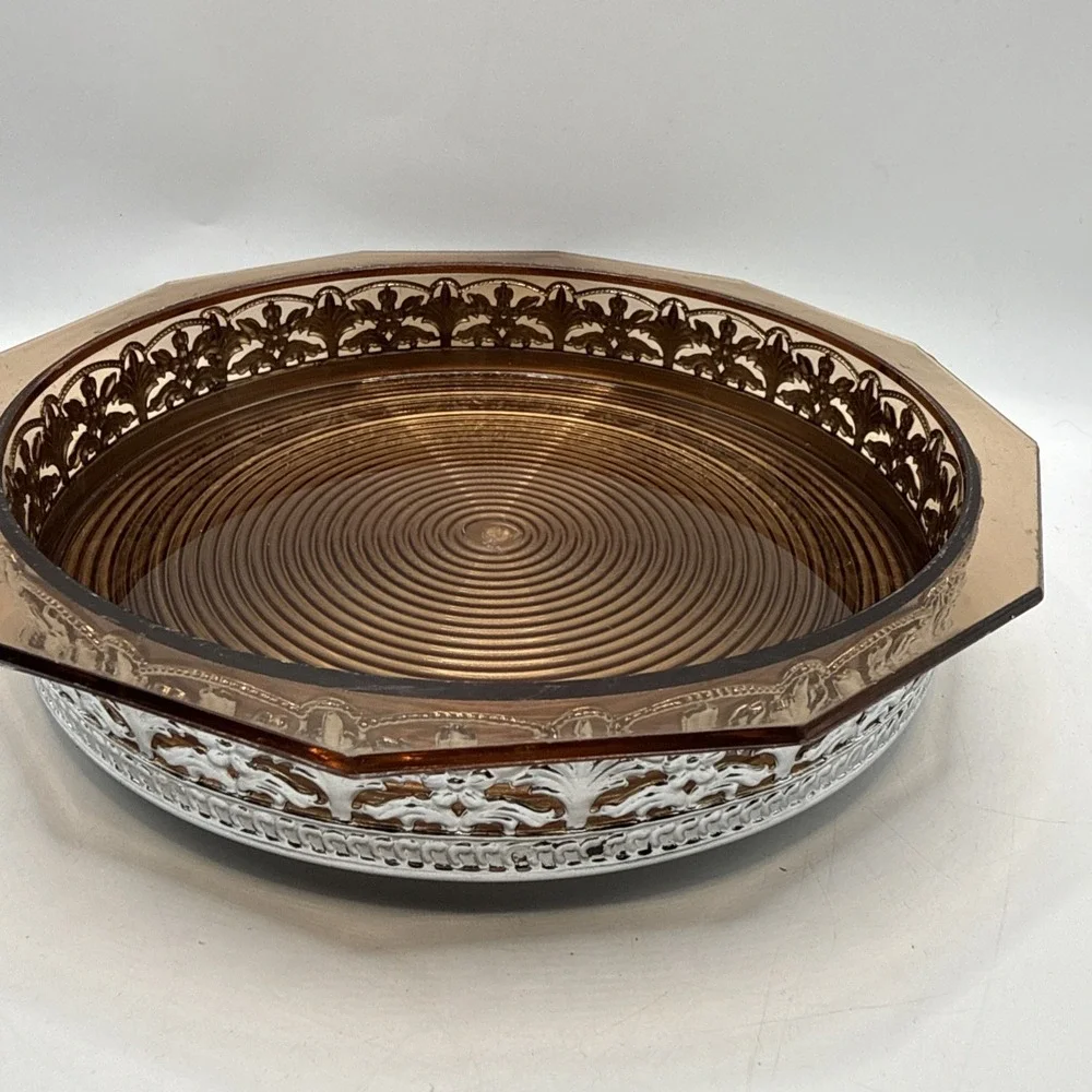 Vintage Hard Plastic Topaz Bowl‎ With Metal Silver Base/holder, Nuts, Candy